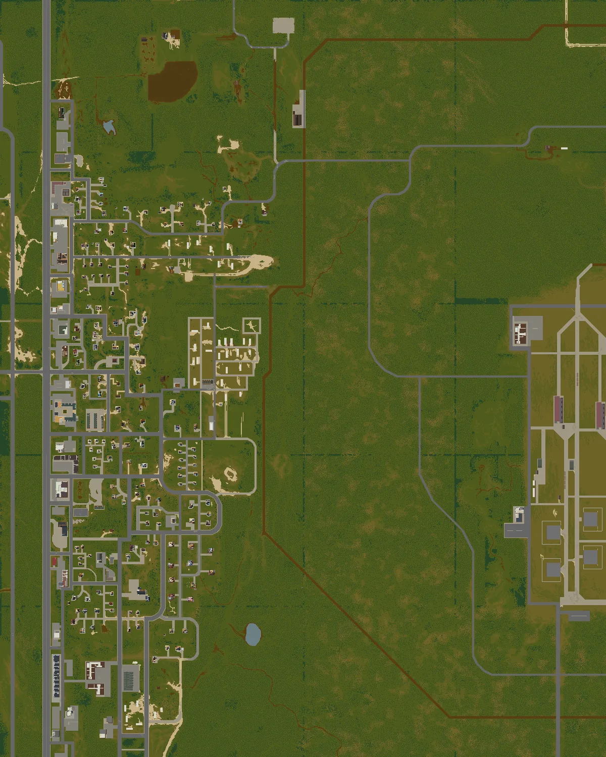 Project Zomboid Muldraugh map - the linear town, McCoy warehouses and the military fuel depot strung along the Dixie Highway