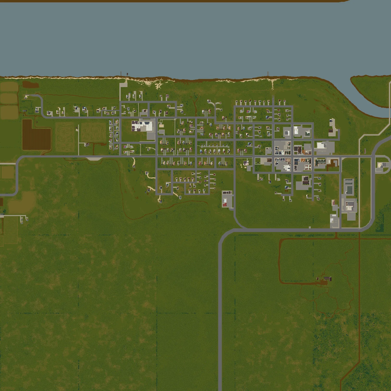 Project Zomboid West Point map - the dense downtown grid and gun store on the Ohio River