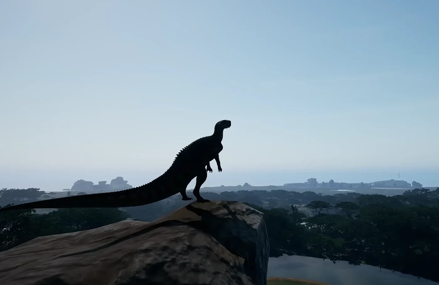 A dinosaur silhouetted on a ridge at dawn overlooking the Gateway map in The Isle Evrima