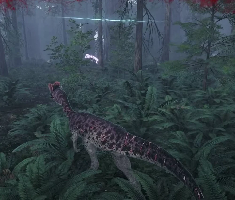 A Ceratosaurus crossing fern undergrowth on a community-run The Isle server