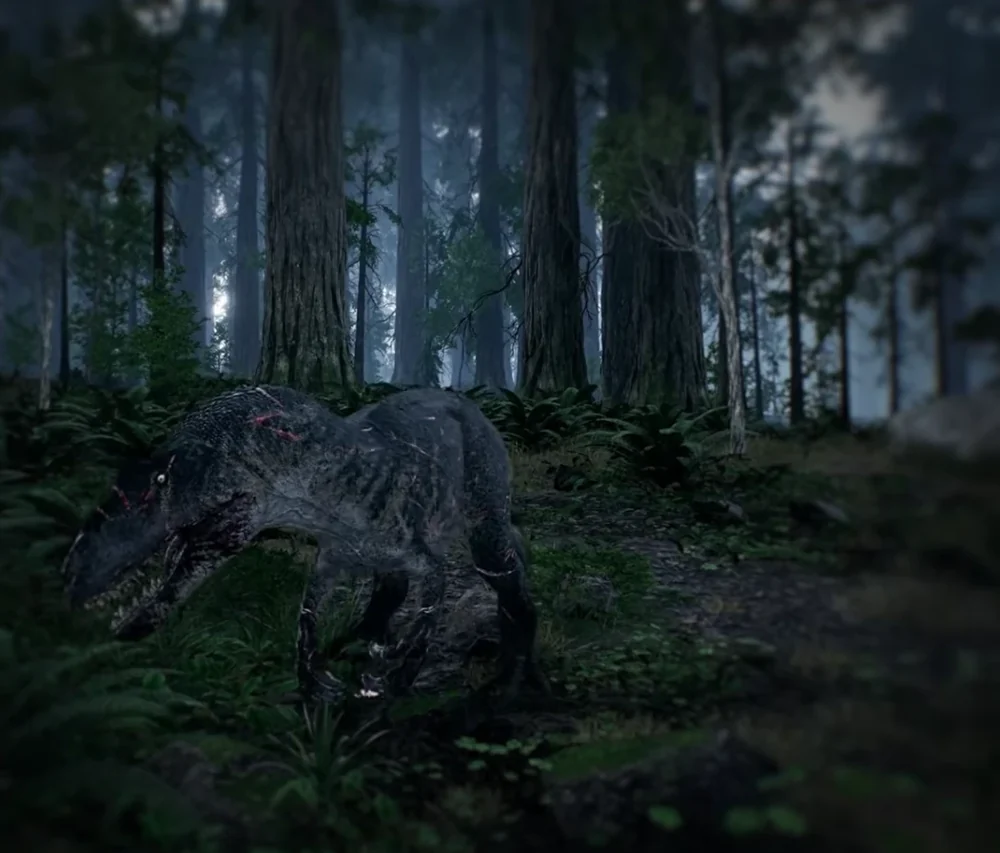 A wounded raptor moving through dense redwood forest on an Isle Evrima server