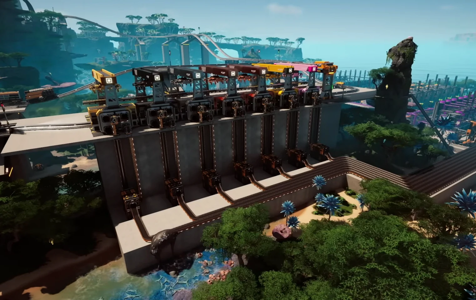 Satisfactory factory planning layout over water with trains and buses