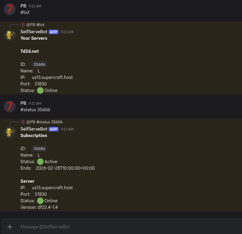 7D2D Server Management with Self-Serve Bot commands in Discord