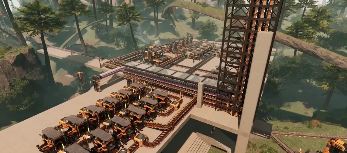 Satisfactory 1.2 fluid logistics system showing tanker trucks and automated stations