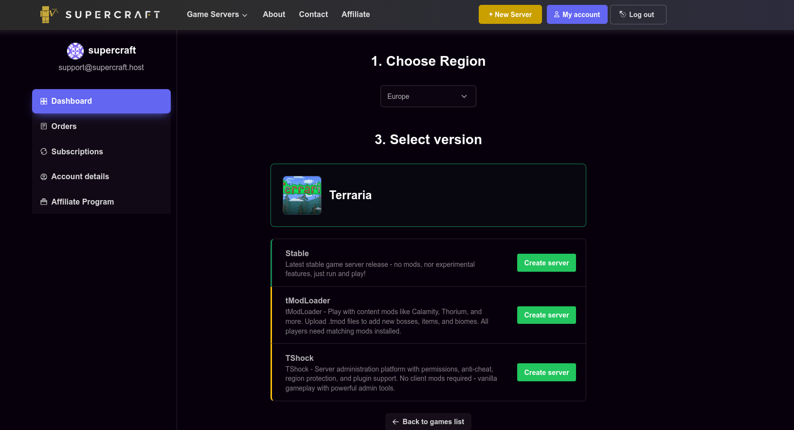 Terraria server panel with region and version selection